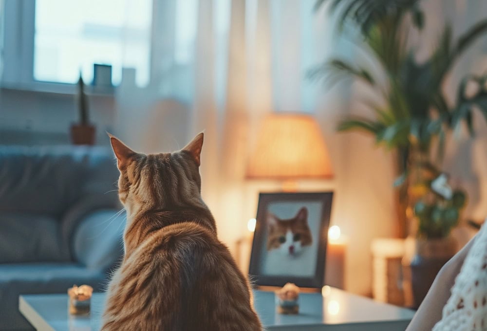 Cat sitting in front of a picture of another cat